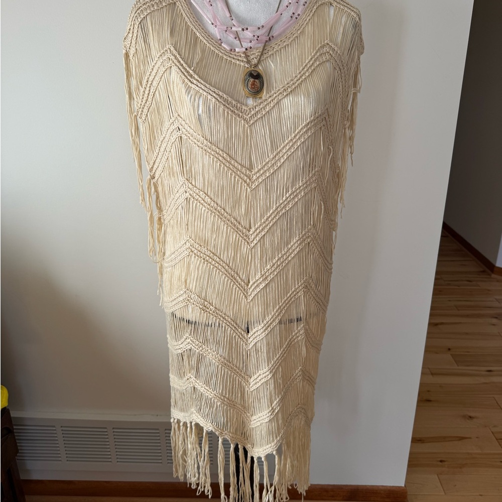 Crochet/mac Cream Fringe Sleeveless Dress/layering piece - Picture 7 of 11